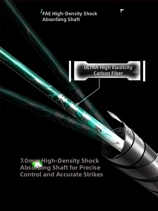 Badminton raketė, anglies pluošto rėmas, svoris 75–79 g, G5 rankena, tiesus kotas