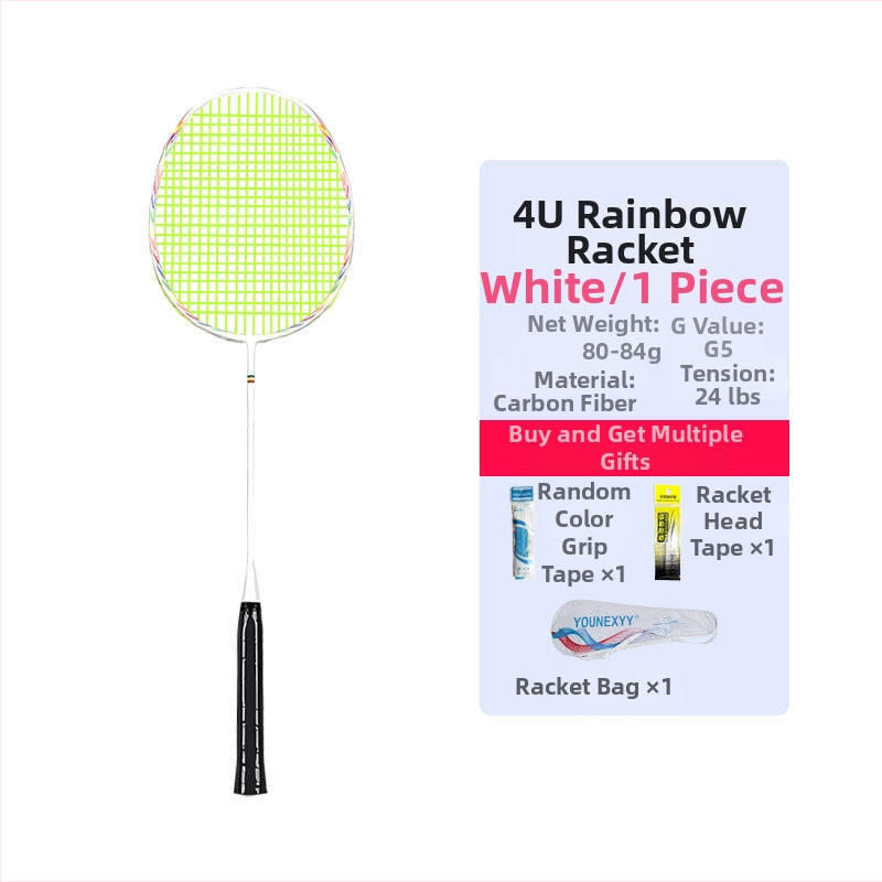 Badmintono raketės treniruočių komplektas pradedantiesiems – visiškai anglies pluošto, ultra lengvas, 80–84 g, 4U, rankenos storis G5, tiesus šūvis