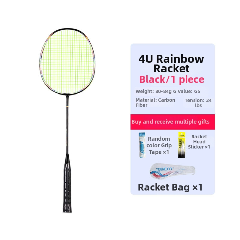Badmintono raketės treniruočių komplektas pradedantiesiems – visiškai anglies pluošto, ultra lengvas, 80–84 g, 4U, rankenos storis G5, tiesus šūvis