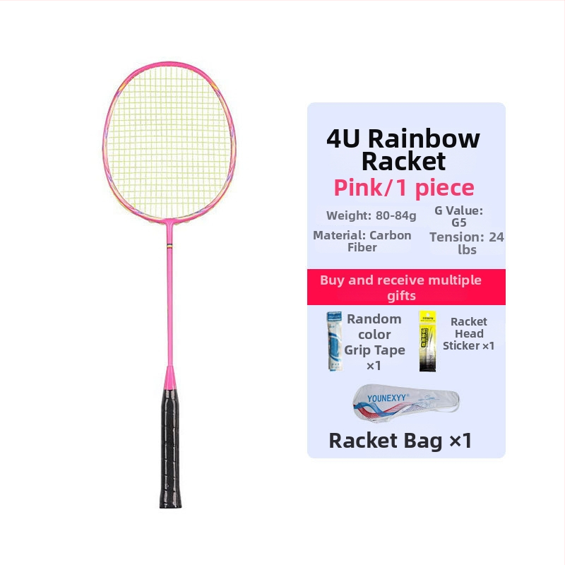 Badmintono raketės treniruočių komplektas pradedantiesiems – visiškai anglies pluošto, ultra lengvas, 80–84 g, 4U, rankenos storis G5, tiesus šūvis