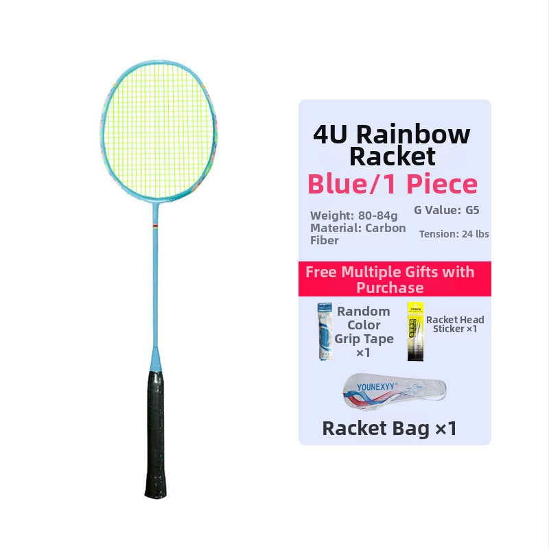 Badmintono raketės treniruočių komplektas pradedantiesiems – visiškai anglies pluošto, ultra lengvas, 80–84 g, 4U, rankenos storis G5, tiesus šūvis