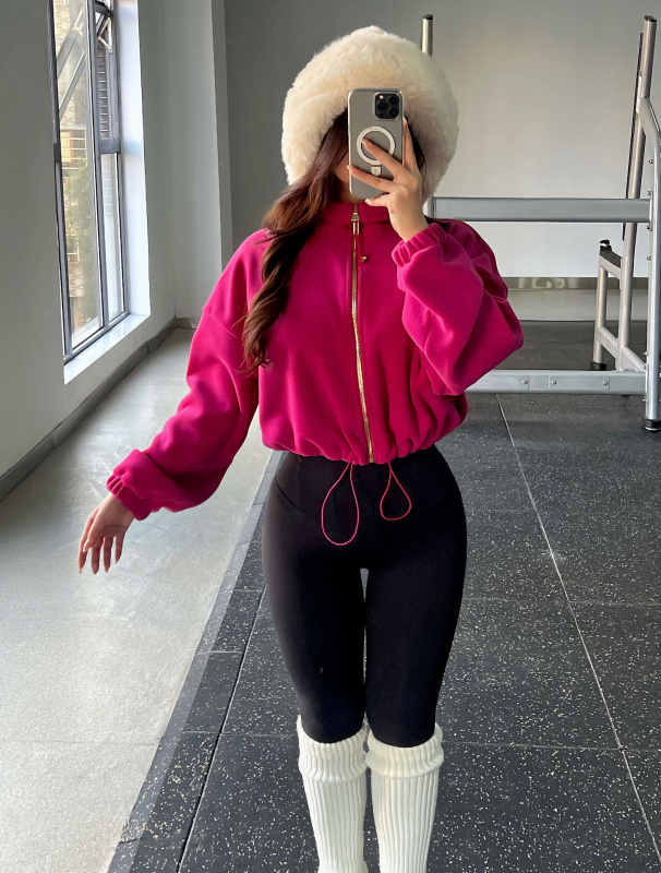 Moteriška žieminė joga striukė iš vilnos mišinio, su stačiu kaklu, ilgomis rankovėmis, reguliuojamas raištis, Oyster Fleece, 95% poliesteris / 5% elastanas