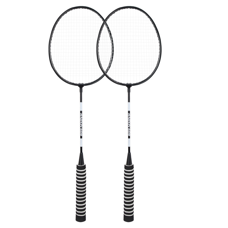 Dviejų raketų badminton komplektas su medvilnine rankena, plieno lydinio rėmas, nailono stygos, svoris 95–100 g, tiesi raketė