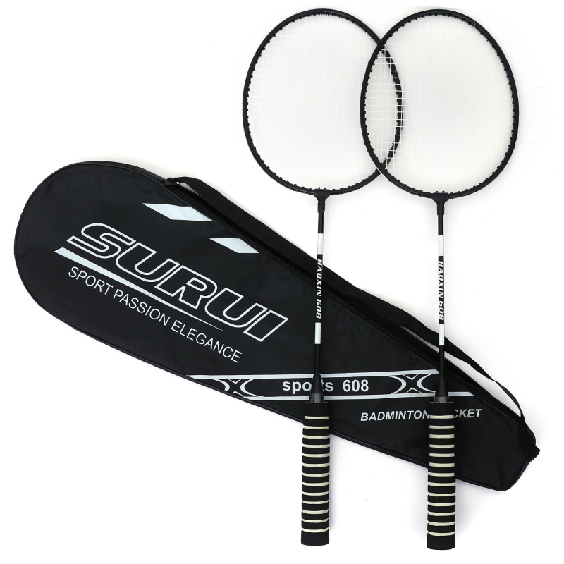 Dviejų raketų badminton komplektas su medvilnine rankena, plieno lydinio rėmas, nailono stygos, svoris 95–100 g, tiesi raketė