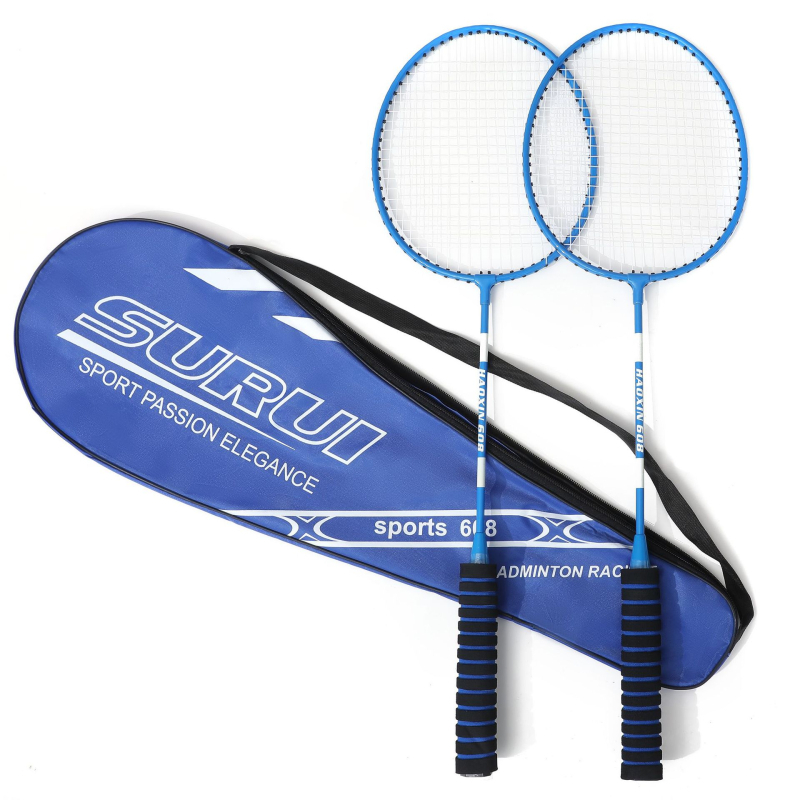 Dviejų raketų badminton komplektas su medvilnine rankena, plieno lydinio rėmas, nailono stygos, svoris 95–100 g, tiesi raketė