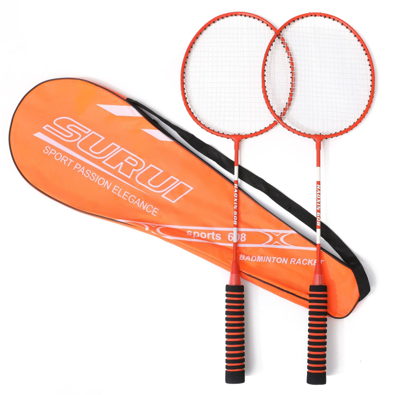 Dviejų raketų badminton komplektas su medvilnine rankena, plieno lydinio rėmas, nailono stygos, svoris 95–100 g, tiesi raketė