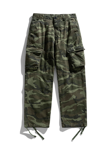 Vīriešu kamuflāžas kokvilnas brīvi plašas darba bikses ar vidukli, aukliņu aizvērums, kabatu detaļas, rudens