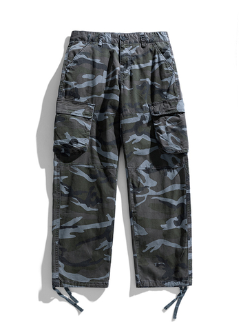 Vīriešu kamuflāžas kokvilnas brīvi plašas darba bikses ar vidukli, aukliņu aizvērums, kabatu detaļas, rudens