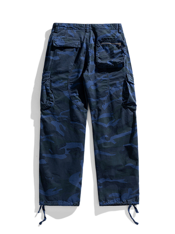 Vīriešu kamuflāžas kokvilnas brīvi plašas darba bikses ar vidukli, aukliņu aizvērums, kabatu detaļas, rudens