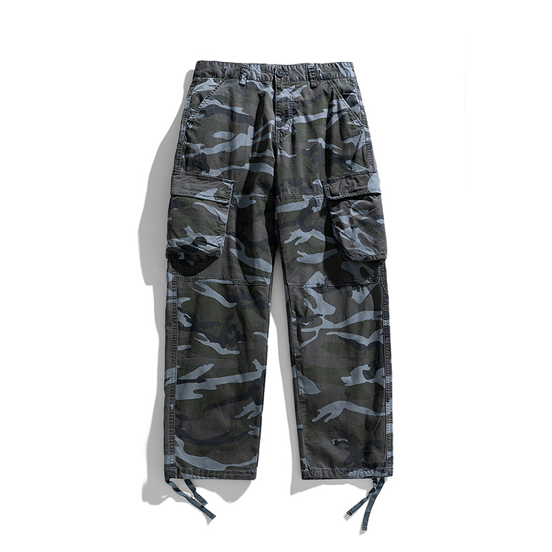 Vīriešu kamuflāžas kokvilnas brīvi plašas darba bikses ar vidukli, aukliņu aizvērums, kabatu detaļas, rudens