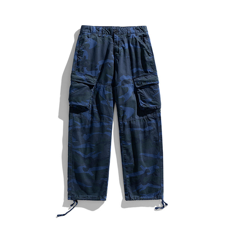 Vīriešu kamuflāžas kokvilnas brīvi plašas darba bikses ar vidukli, aukliņu aizvērums, kabatu detaļas, rudens