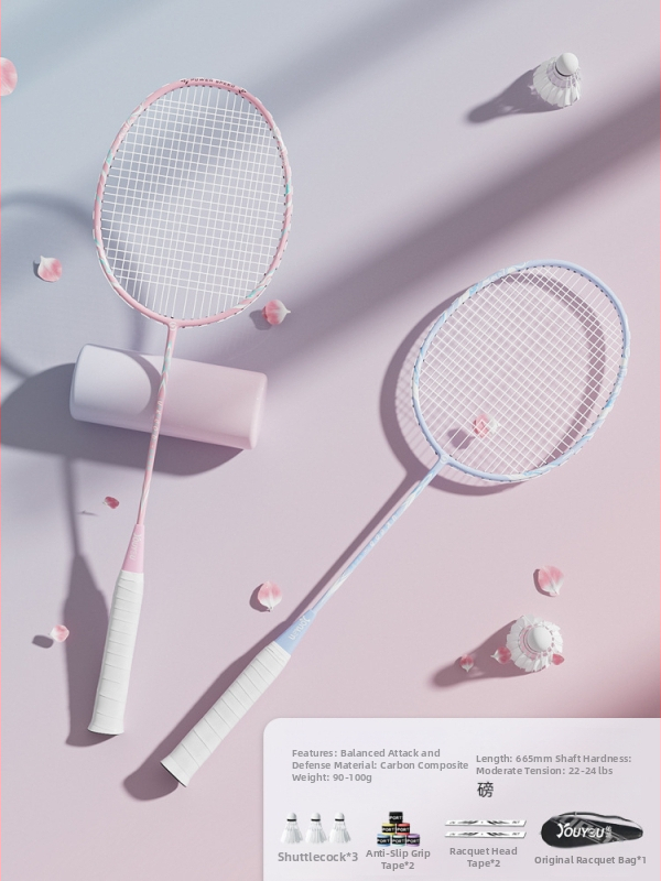 Youyou badminton raketė su anglies pluošto rėmu, svoris 95-100 g, rankenos storis G2, vidutinio kietumo raketės strypas, logotipo spausdinimas galimas, pritaikymas