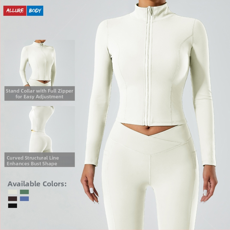 Moterų jogos švarkas su užtrauktuku, stovintis kaklas, ilgos rankovės, greitai džiūstantis audinys (69% nailonas, 31% spandeksas)