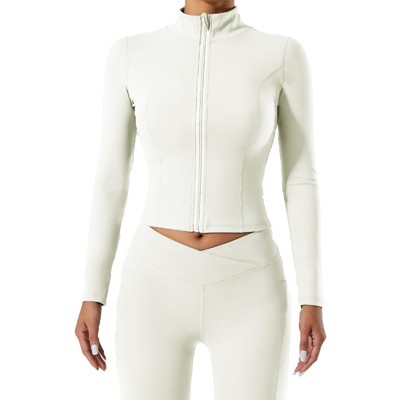 Moterų jogos švarkas su užtrauktuku, stovintis kaklas, ilgos rankovės, greitai džiūstantis audinys (69% nailonas, 31% spandeksas)