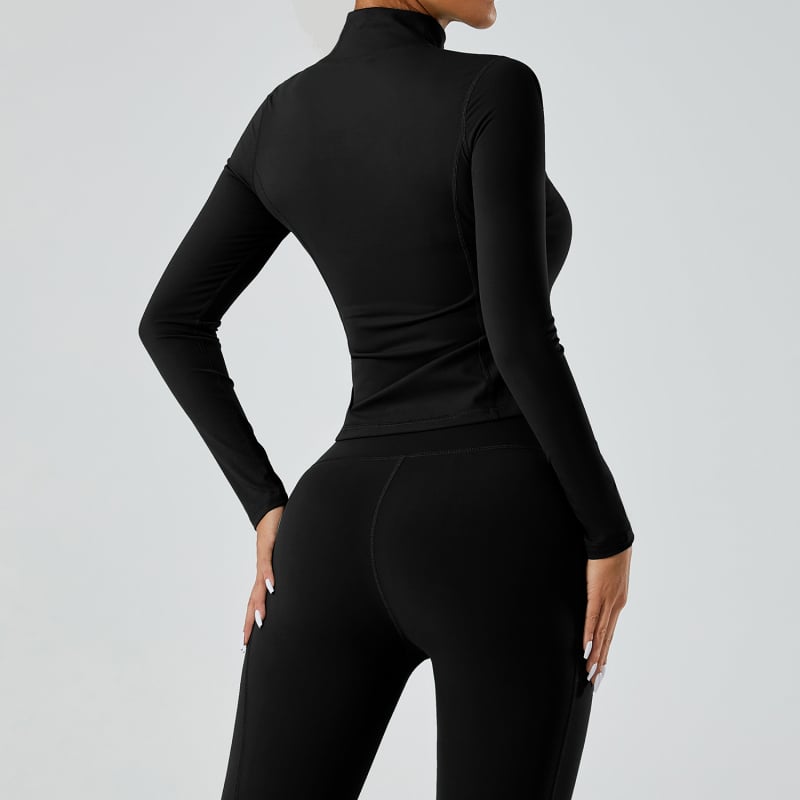 Moterų jogos švarkas su užtrauktuku, stovintis kaklas, ilgos rankovės, greitai džiūstantis audinys (69% nailonas, 31% spandeksas)