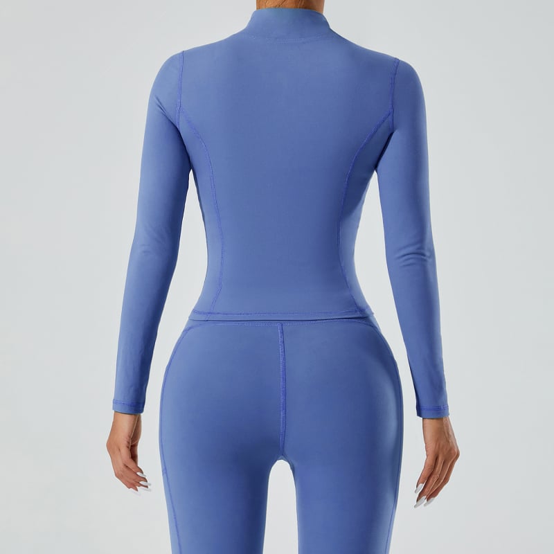 Moterų jogos švarkas su užtrauktuku, stovintis kaklas, ilgos rankovės, greitai džiūstantis audinys (69% nailonas, 31% spandeksas)