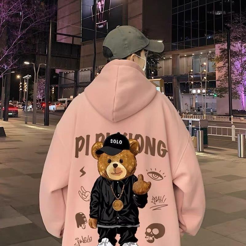 Férfi kapucnis pulóver fleece-béléssel, laza szabás, poliészter 98%, hosszú ujjú, hongkong-stílus, mindennapi viselet