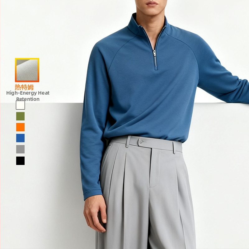 Fleece pulóver fél-zipzárral, magas nyakú, hosszú ujjú – 31–50% pamut, fleece bélés