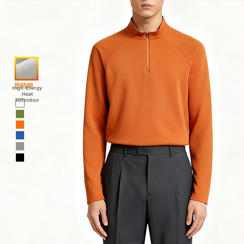 Fleece pulóver fél-zipzárral, magas nyakú, hosszú ujjú – 31–50% pamut, fleece bélés