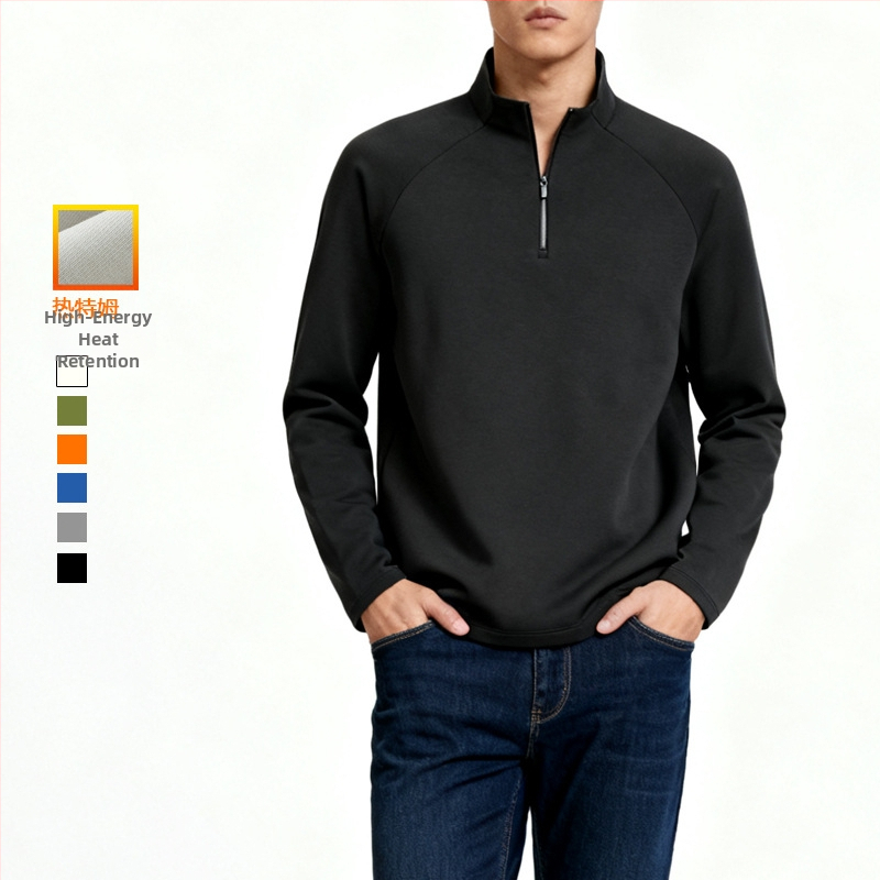 Fleece pulóver fél-zipzárral, magas nyakú, hosszú ujjú – 31–50% pamut, fleece bélés