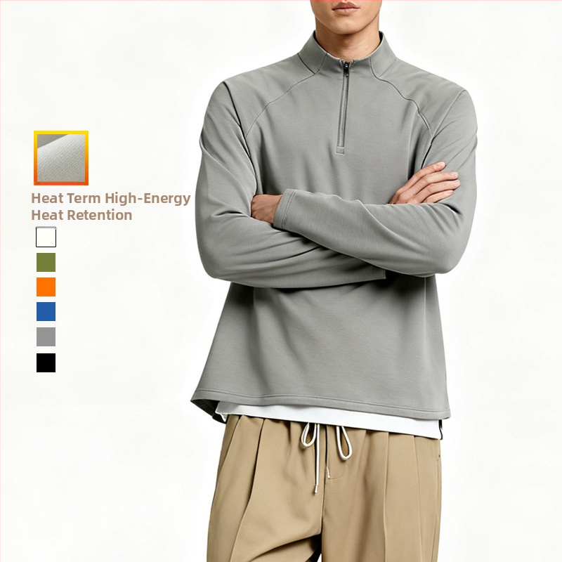 Fleece pulóver fél-zipzárral, magas nyakú, hosszú ujjú – 31–50% pamut, fleece bélés