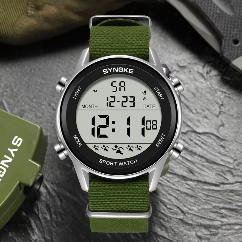 SYNOKE vīriešu sporta elektroniskais pulkstenis ar tekstila siksnu, 50 m ūdensizturība, 48 mm ciparnīcas diametrs, gaišs displejs, modelis S0018