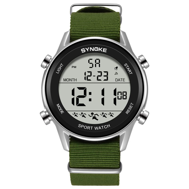 SYNOKE vīriešu sporta elektroniskais pulkstenis ar tekstila siksnu, 50 m ūdensizturība, 48 mm ciparnīcas diametrs, gaišs displejs, modelis S0018