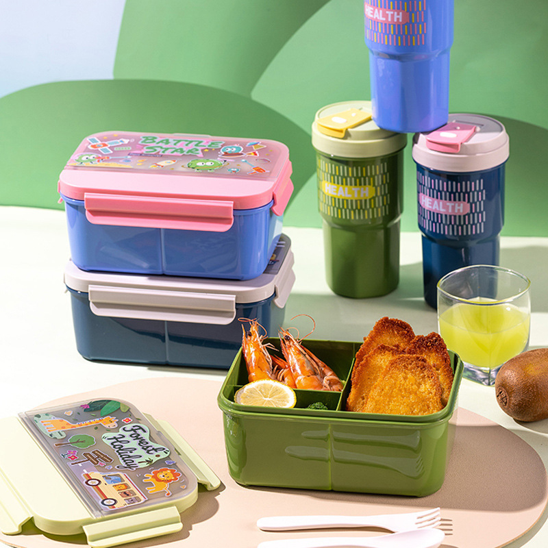Dječja kutija za ručak s kompletnim setom čaše za vodu – plastika, 1–2 L, pravokutni oblik, mikrotalasno sigurna, uključuje pribor, odjeljivi pretinci, karikatura dizajn
