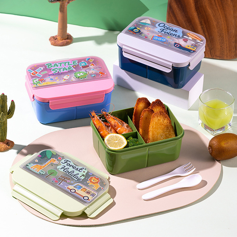 Dječja kutija za ručak s kompletnim setom čaše za vodu – plastika, 1–2 L, pravokutni oblik, mikrotalasno sigurna, uključuje pribor, odjeljivi pretinci, karikatura dizajn