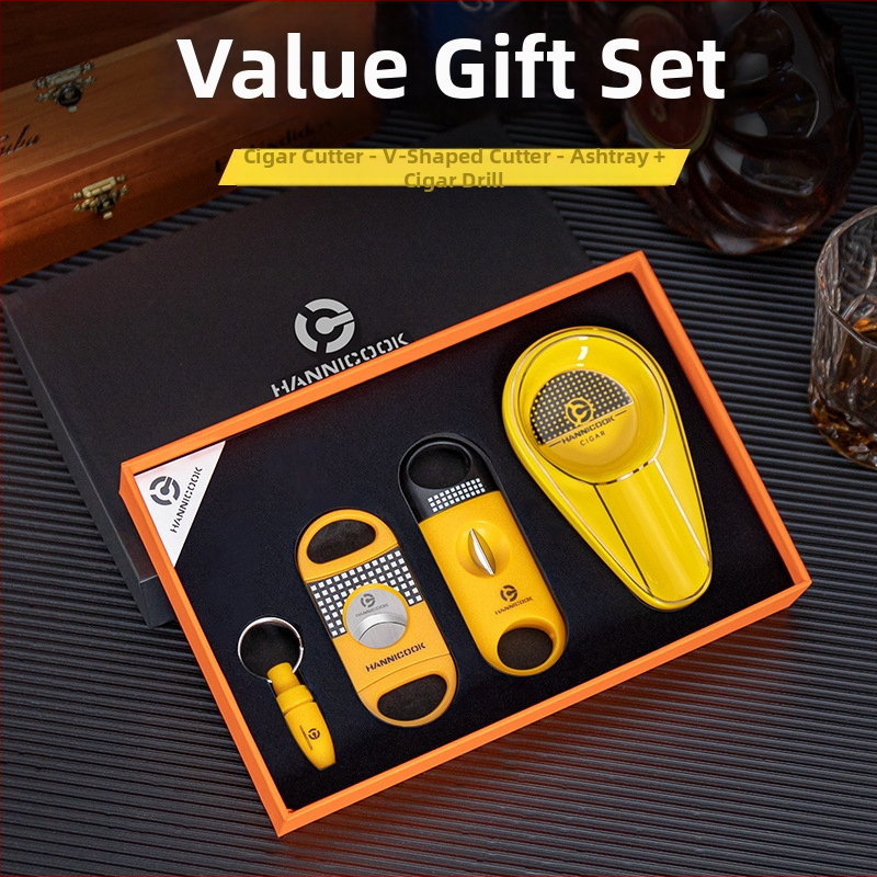 HANNICOOK Cigarešu instrumentu komplekts: nerūsējošā tērauda V formas griezējs, plakanais griezējs cigārām, cigarešu urbjmašīna, pelnu trauks