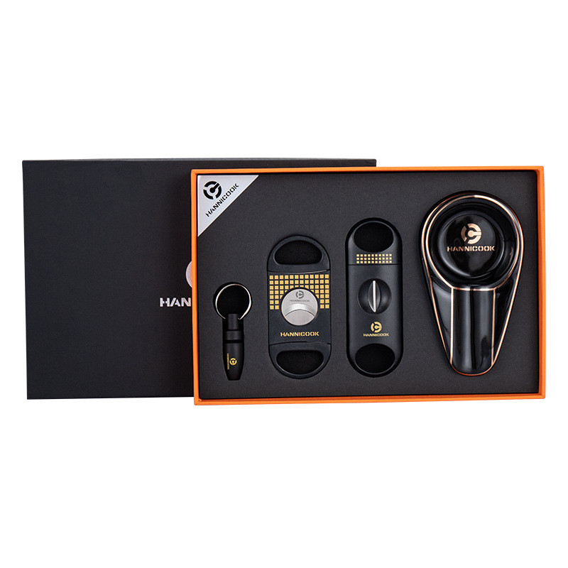 HANNICOOK Cigarešu instrumentu komplekts: nerūsējošā tērauda V formas griezējs, plakanais griezējs cigārām, cigarešu urbjmašīna, pelnu trauks