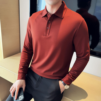 Tricou polo, stil coreean, mâneci lungi, croială mulată, culoare solidă, amestec de bumbac cu absorbție a umezelii