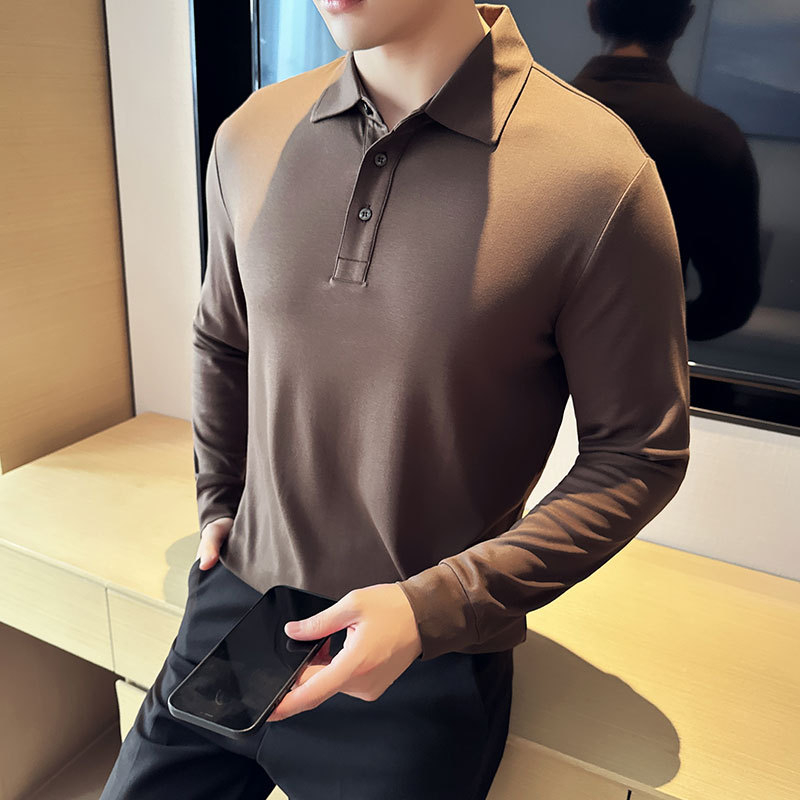 Tricou polo, stil coreean, mâneci lungi, croială mulată, culoare solidă, amestec de bumbac cu absorbție a umezelii