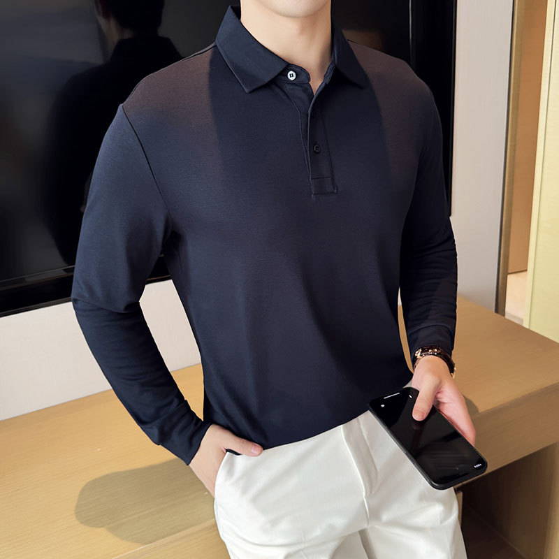 Tricou polo, stil coreean, mâneci lungi, croială mulată, culoare solidă, amestec de bumbac cu absorbție a umezelii