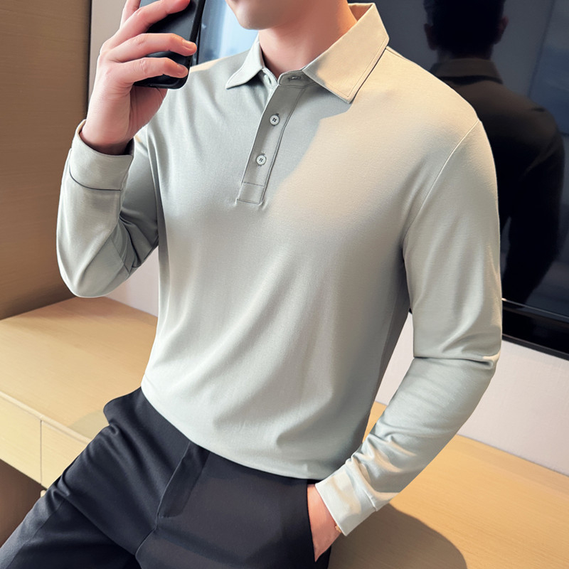 Tricou polo, stil coreean, mâneci lungi, croială mulată, culoare solidă, amestec de bumbac cu absorbție a umezelii