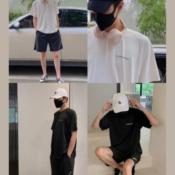 Vasaros unisex sportinis komplektas — kvėpuojantis, greitai džiūstantis, trumpomis rankovėmis, apvalus kaklo iškirptė, 30% spandex