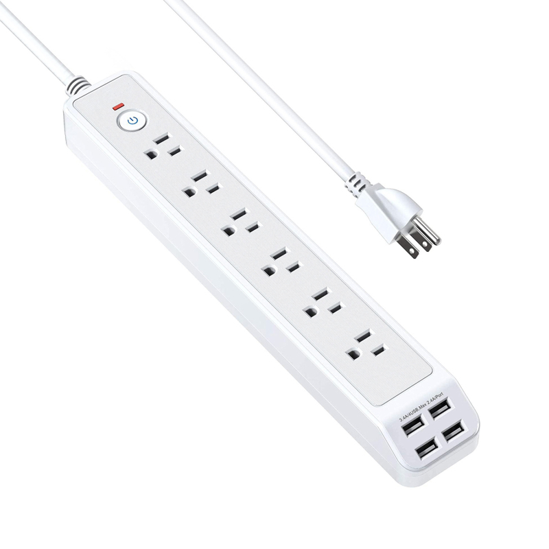 Šešių lizdų maitinimo juosta su USB įkrovimo jungtimi, apsauga nuo perkrovos, liepsnai atsparus ABS korpusas, CE sertifikatas