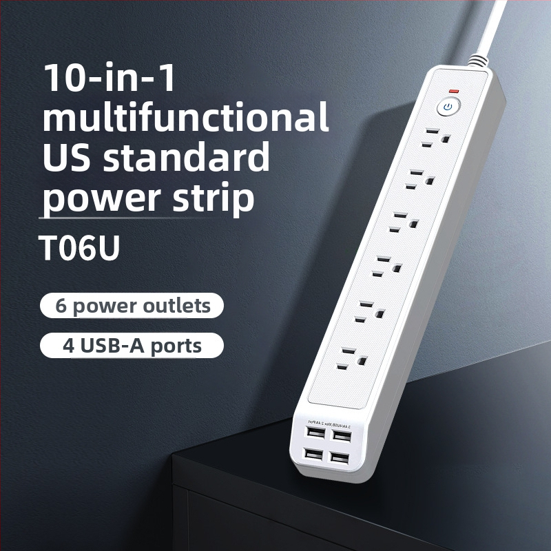 Šešių lizdų maitinimo juosta su USB įkrovimo jungtimi, apsauga nuo perkrovos, liepsnai atsparus ABS korpusas, CE sertifikatas