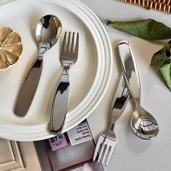 Set vilica i žlica za bebe, 304 nehrđajući čelik, prehrambena kvaliteta, široka drška, polirani završetak