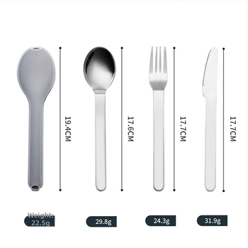 Kelioniniai stalo įrankiai iš 430 nerūdijančio plieno: peilis, šakutė ir šaukštas, veidrodinis poliravimas, kartiniam naudojimui, nešiojami kempingams, logotipo spausdinimo galimybė