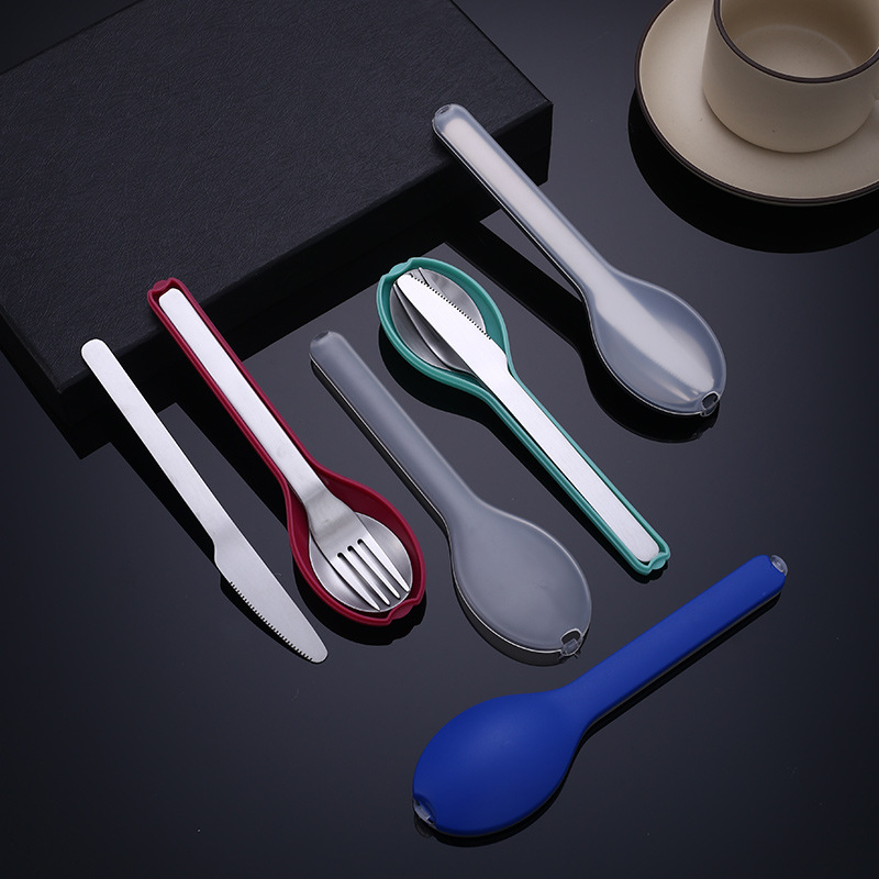 Kelioniniai stalo įrankiai iš 430 nerūdijančio plieno: peilis, šakutė ir šaukštas, veidrodinis poliravimas, kartiniam naudojimui, nešiojami kempingams, logotipo spausdinimo galimybė