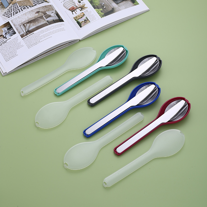 Kelioniniai stalo įrankiai iš 430 nerūdijančio plieno: peilis, šakutė ir šaukštas, veidrodinis poliravimas, kartiniam naudojimui, nešiojami kempingams, logotipo spausdinimo galimybė