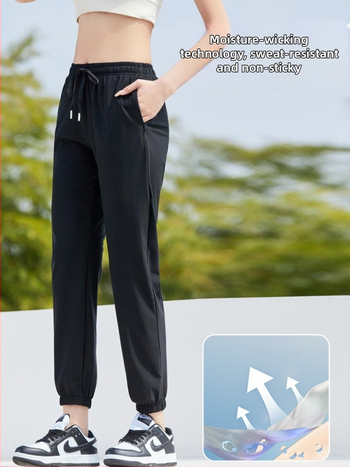 Moteriškos greitai džiūstančios kvėpuojančios sportinės kelnės, laisvas siluetas, vasara, 76% nailonas + 24% spandeksas
