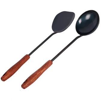 Rankų darbo geležies šaukšto ir mentele su medinėmis rankenėlėmis, virtuvės apsauga nuo nudegimų, prekės ženklas Zhen Sheng Yi