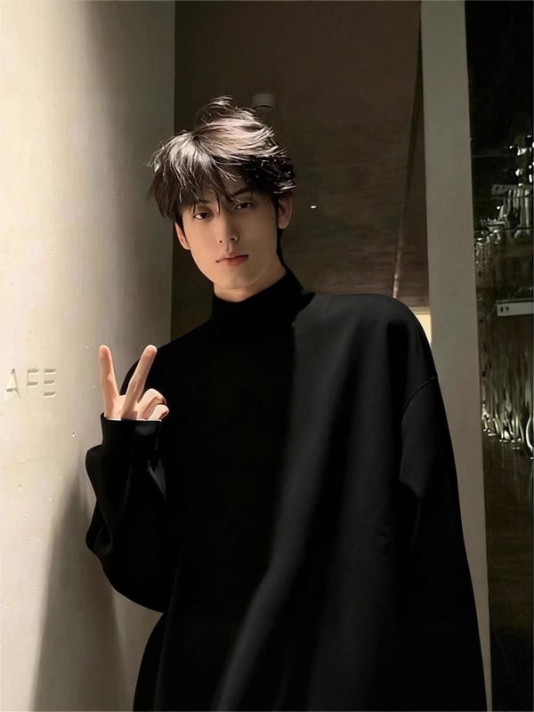 Мъжка тениска с двойно поларено подплъване, дълъг ръкав, висока яка, минималистичен стил, полиестер