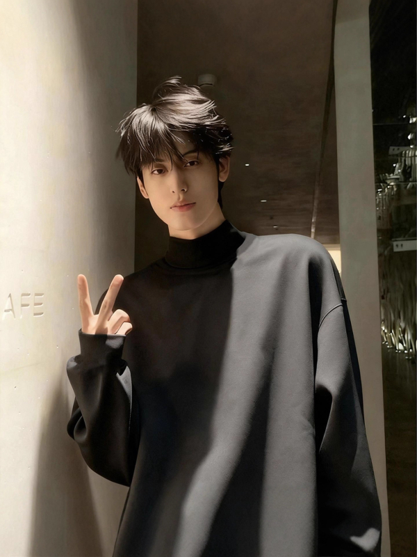 Мъжка тениска с двойно поларено подплъване, дълъг ръкав, висока яка, минималистичен стил, полиестер