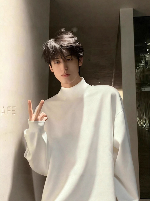 Мъжка тениска с двойно поларено подплъване, дълъг ръкав, висока яка, минималистичен стил, полиестер