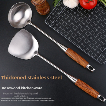 Nerūdijančio plieno šaukštų ir mentelių rinkinys su kietmedžio rankenomis – neslystantis, atsparus karščiui, šilumos izoliacija – modernus minimalistinis virtuvės rinkinys, modelis GC4650121