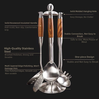 Nerūdijančio plieno šaukštų ir mentelių rinkinys su kietmedžio rankenomis – neslystantis, atsparus karščiui, šilumos izoliacija – modernus minimalistinis virtuvės rinkinys, modelis GC4650121