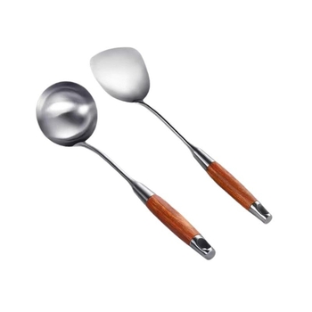 Nerūdijančio plieno šaukštų ir mentelių rinkinys su kietmedžio rankenomis – neslystantis, atsparus karščiui, šilumos izoliacija – modernus minimalistinis virtuvės rinkinys, modelis GC4650121